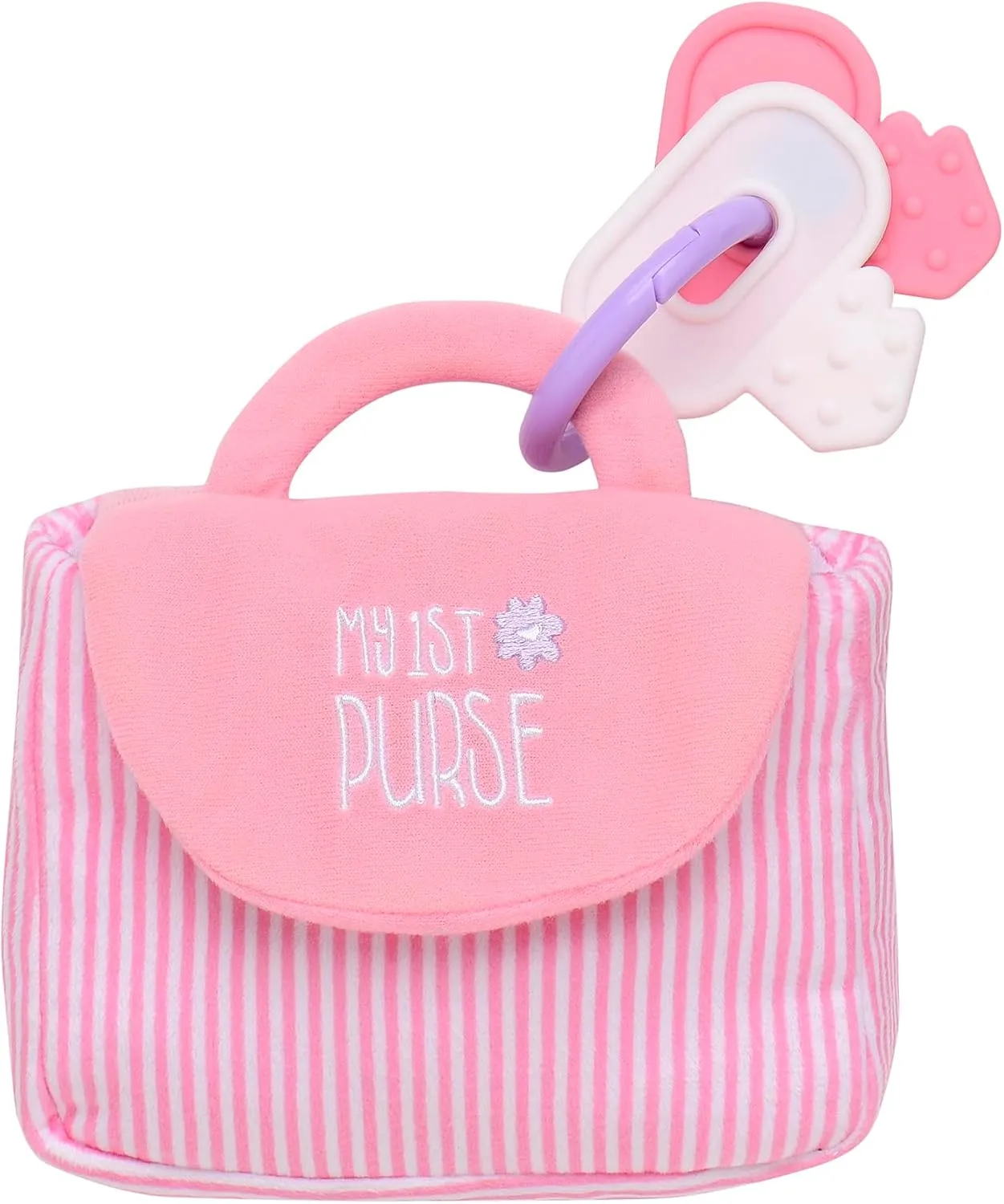 4 Piece Plush My First Purse Play Set with Sensory Toys and Bonus Teether Keys for Baby, Pink Stripe, 8 inch
