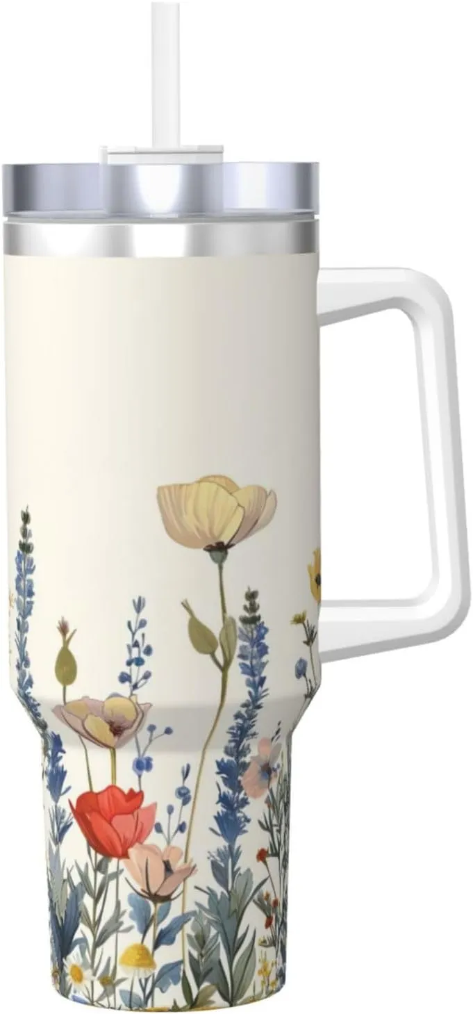 40 Oz Botanical Wildflower Insulated Stainless Steel Tumbler with Handle & Straw Lid, Reusable Travel Cupholder Friendly Mug for Coffee, Water, Tea