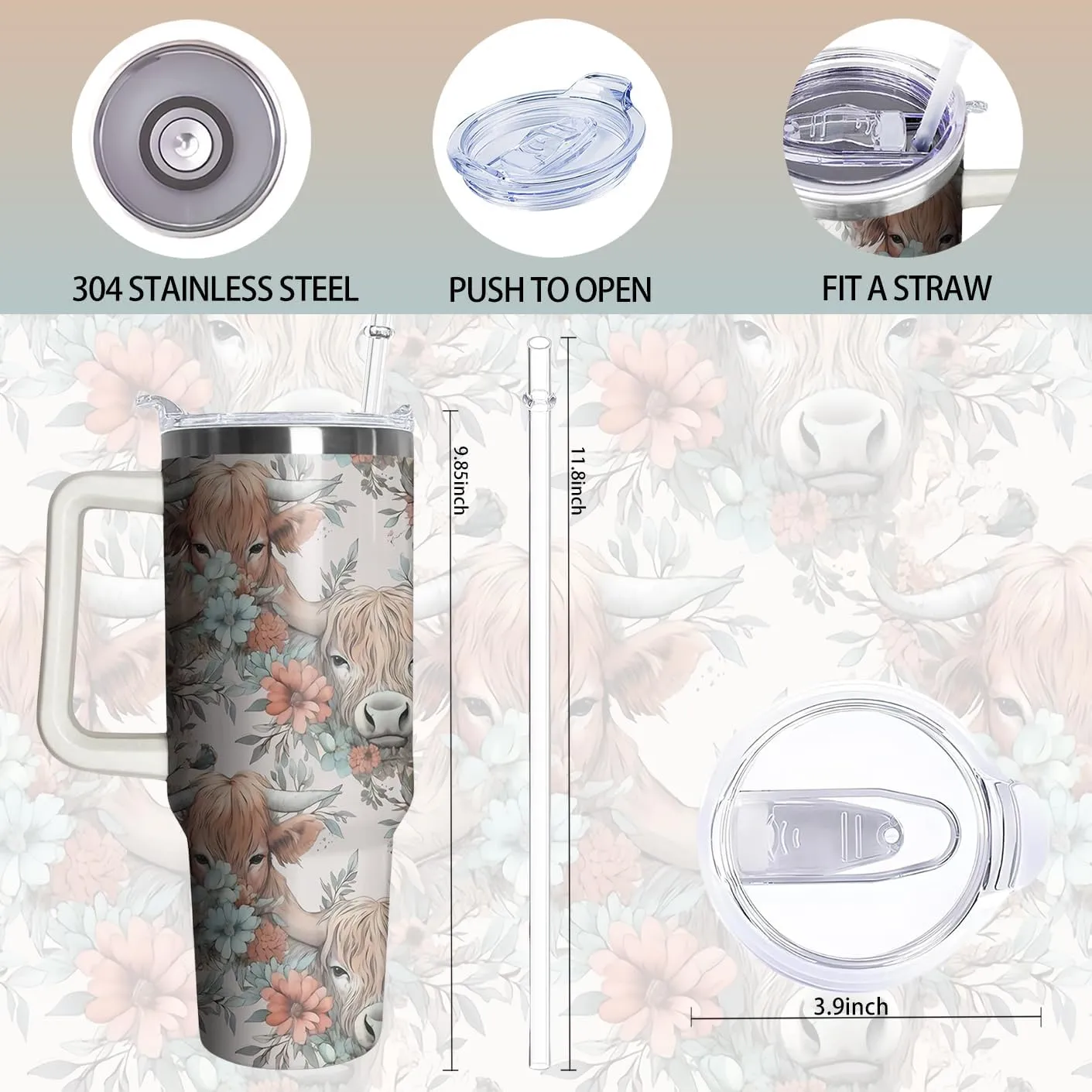 40oz Cute Highland Cow Tumbler with Handle and Straw, Animal Lovers Gifts for Women, Cattle Stainless Steel Travel Mug Water Bottle, Vacuum Insulated Cup with Lid