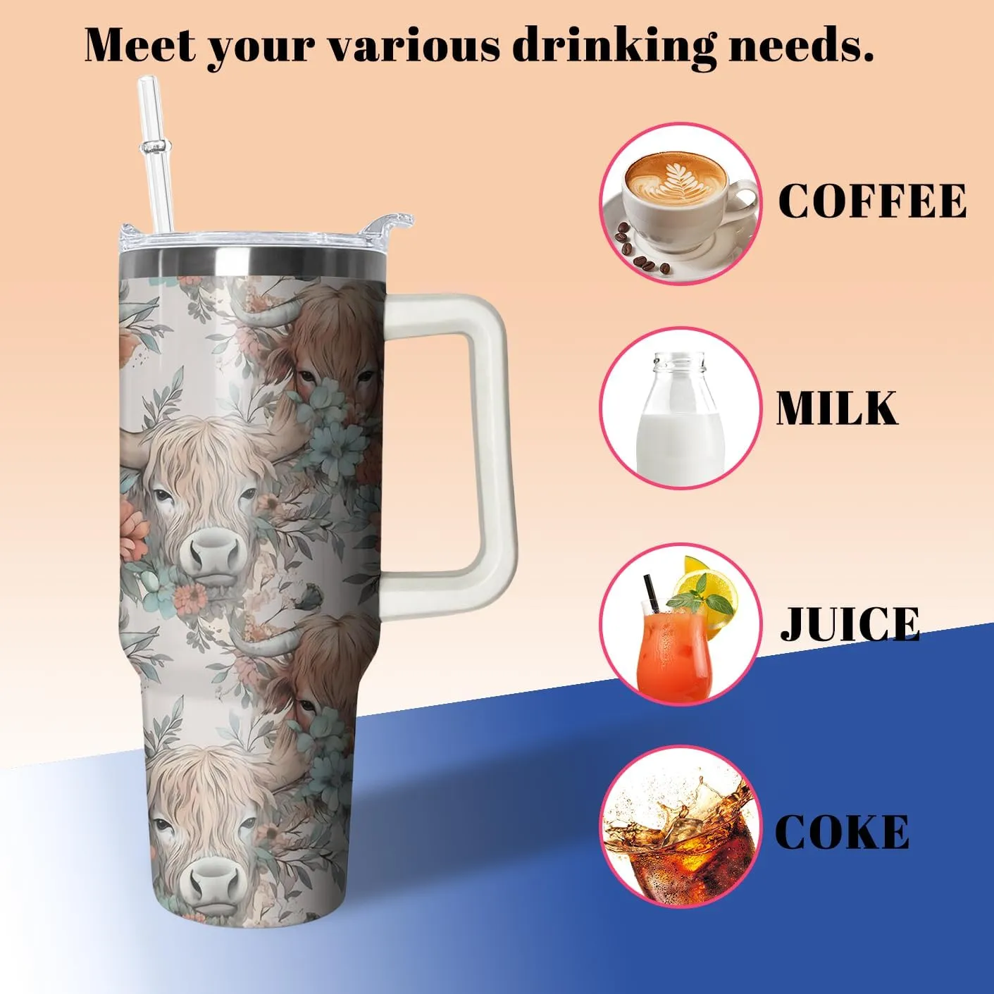 40oz Cute Highland Cow Tumbler with Handle and Straw, Animal Lovers Gifts for Women, Cattle Stainless Steel Travel Mug Water Bottle, Vacuum Insulated Cup with Lid