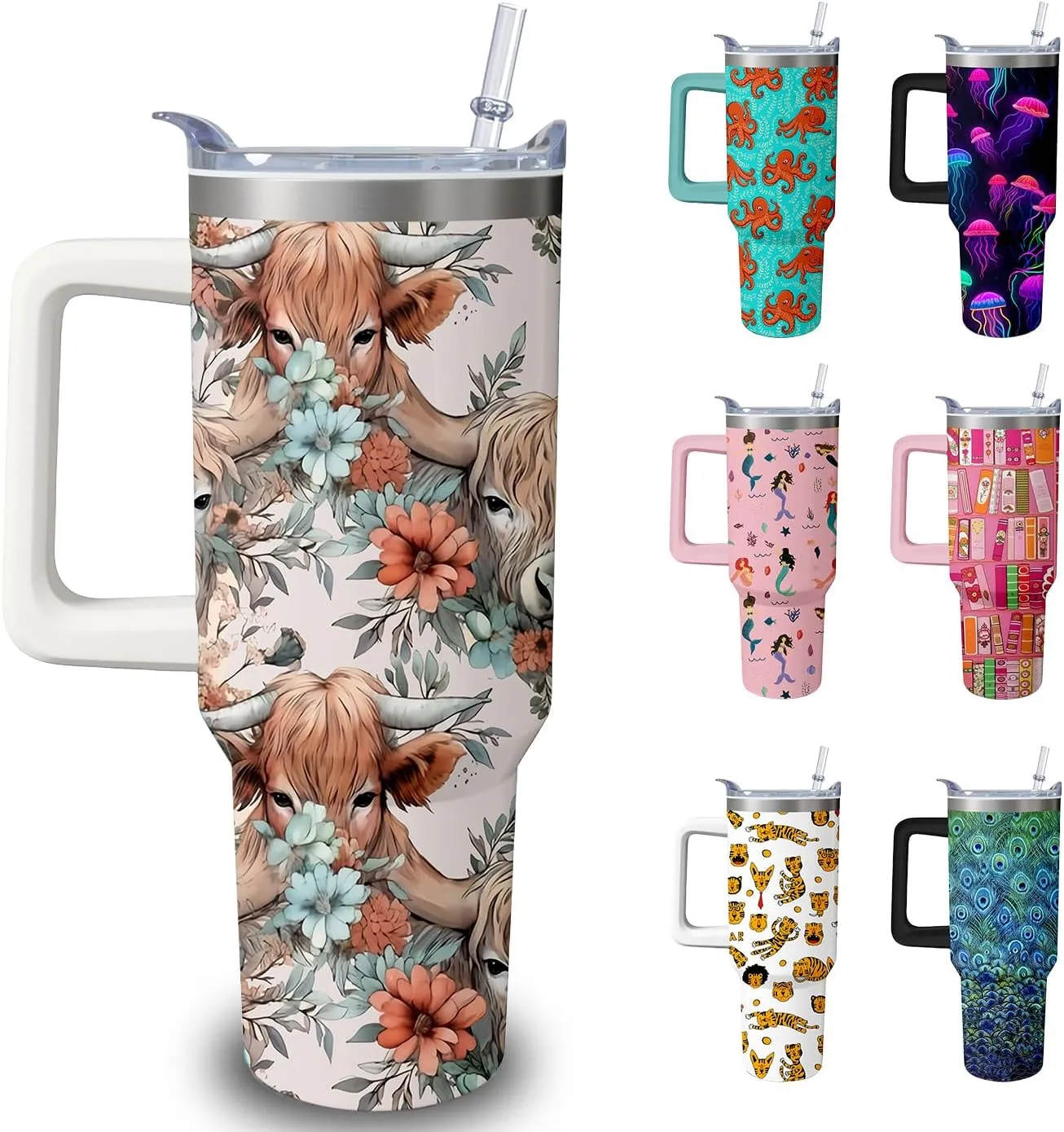 40oz Cute Highland Cow Tumbler with Handle and Straw, Animal Lovers Gifts for Women, Cattle Stainless Steel Travel Mug Water Bottle, Vacuum Insulated Cup with Lid