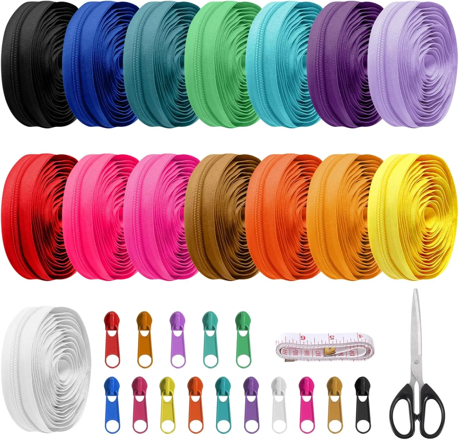 45 Yards 15 Colors Zipper Repair Kit #5 Sewing Zipper with 90Pcs Pull Heads, Scissor and Ruler for DIY Sewing Crafts, Nylon Coil Zippers Crafts Zipper Tape for Clothes, Bag, Purse Making Supplies