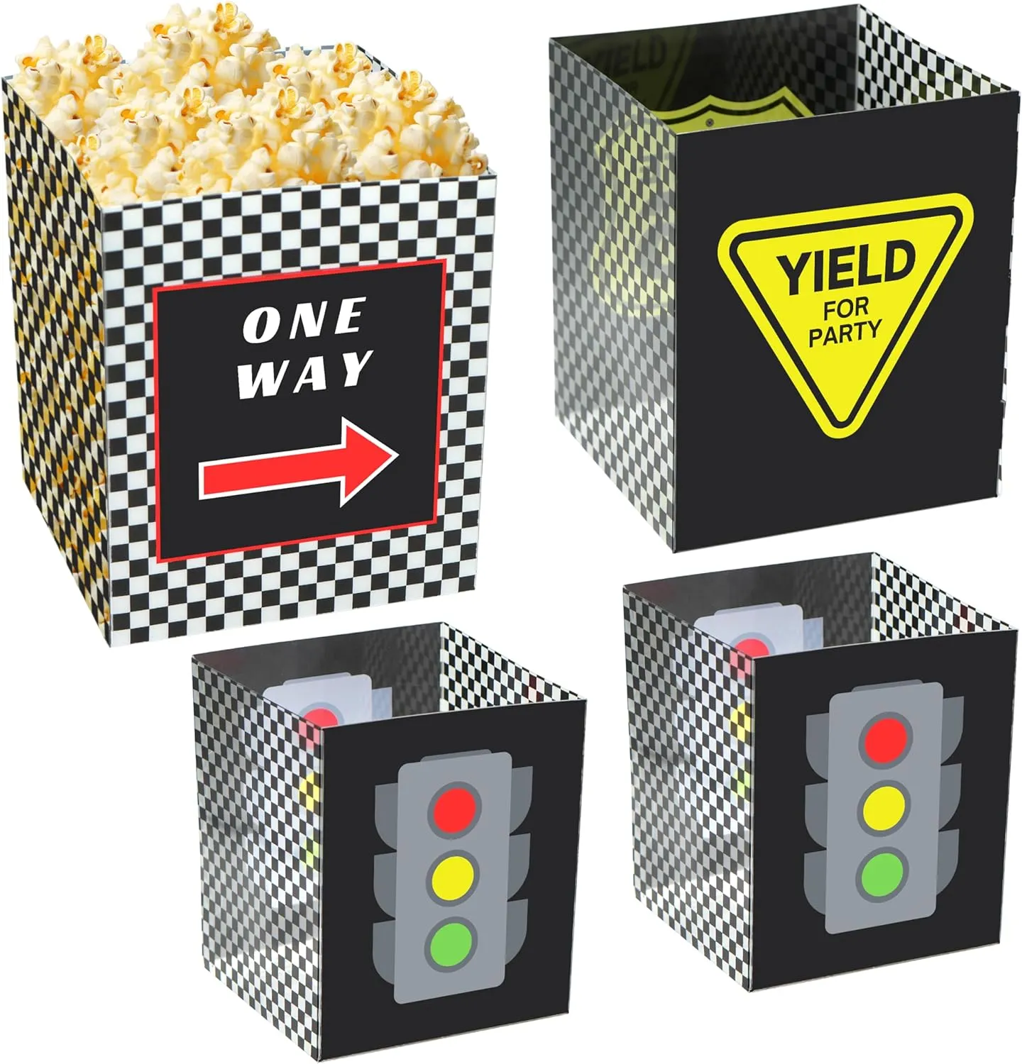 4E's Novelty 8 Pack Racing Theme Bucket Centerpiece - Race Car Party Decorations for Treats & Popcorn, Race Car Centerpieces for Tables Checkered Box for Race Car Birthday Party Supplies