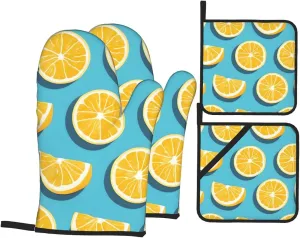 4Pcs Oven Mitts and Pot Holders Sets,Lemon Wedges,Kitchen Oven Glove High Heat Resistant, Baking,Cooking,BBQ