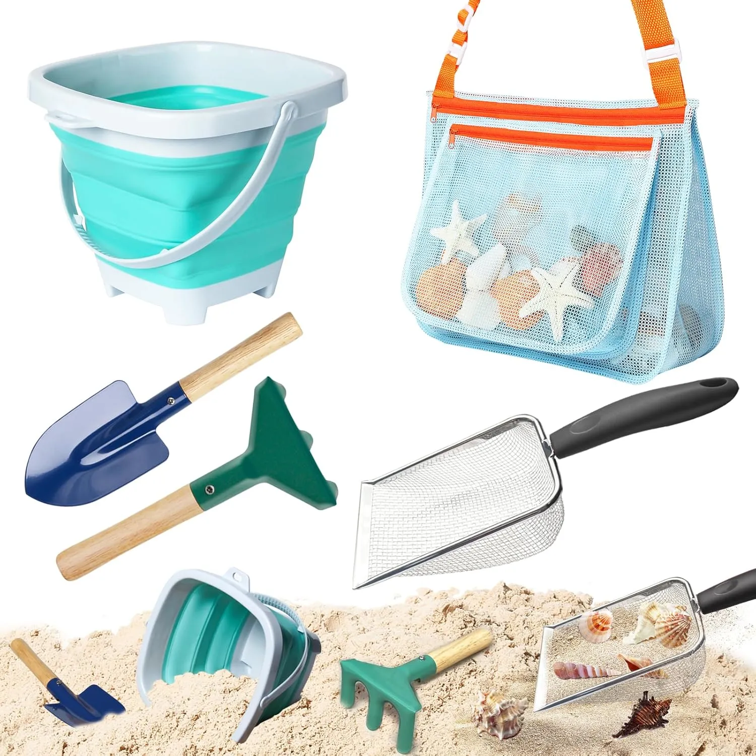 5 Pcs Sand Toys Beach Set Include 2 Metal Shovels,1 Foldable Beach Bucket & 1 Sand Sifter with 1 Mesh Beach Bag for Shells Collecting