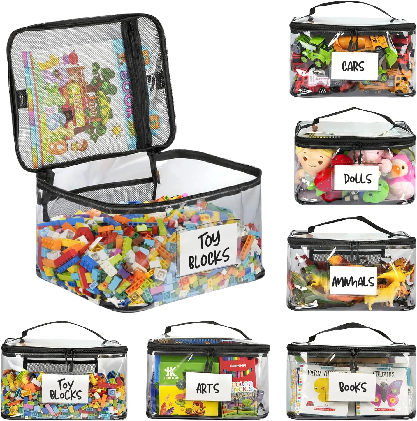 6-Pack Extra Large Toy Storage Bags with Zippers & Labels, Reusable Clear TPU Waterproof Organizer for Kids Toys, Building Blocks, Puzzles, Dolls, Board Games - Durable, BPA-Free, Travel-Friendly