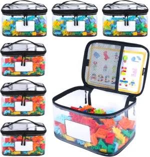 6 Pack Large Toy Storage Bags with Name Tag & Manual Pocket, Reusable Clear PVC Board Game Storage, Travel Waterproof Organizer Bags with Zipper for Building Blocks, Puzzle Storage, Kids Books
