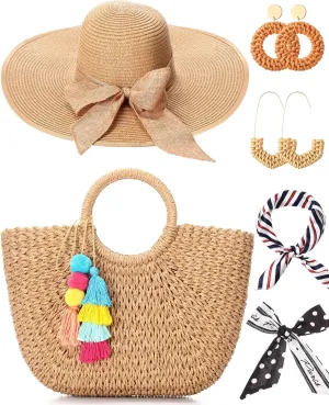 6 Pcs Large Straw Beach Bag Women Foldable Wide Brim Hats Big Floppy Hats Packable Sun Protective Sun Hat Tote Rattan Purse Woven Summer Handbags with Earrings for Women 2025 Travel Vacation