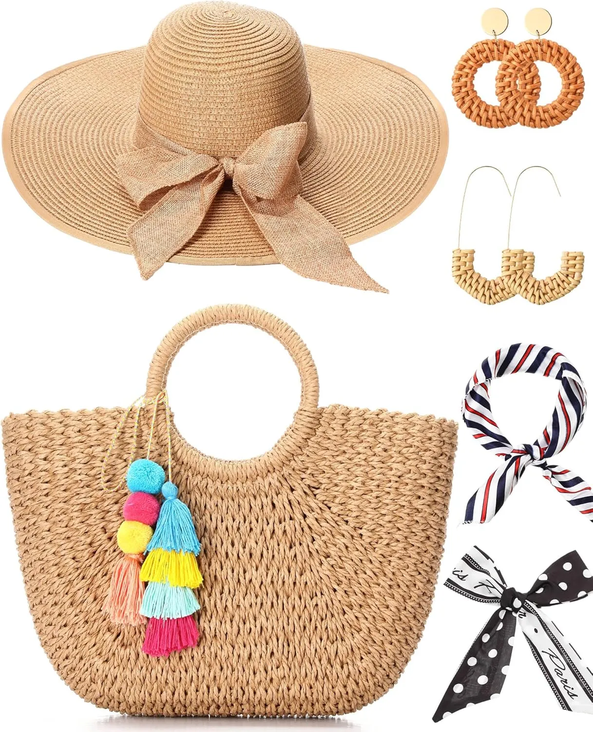 6 Pcs Large Straw Beach Bag Women Foldable Wide Brim Hats Big Floppy Hats Packable Sun Protective Sun Hat Tote Rattan Purse Woven Summer Handbags with Earrings for Women 2025 Travel Vacation