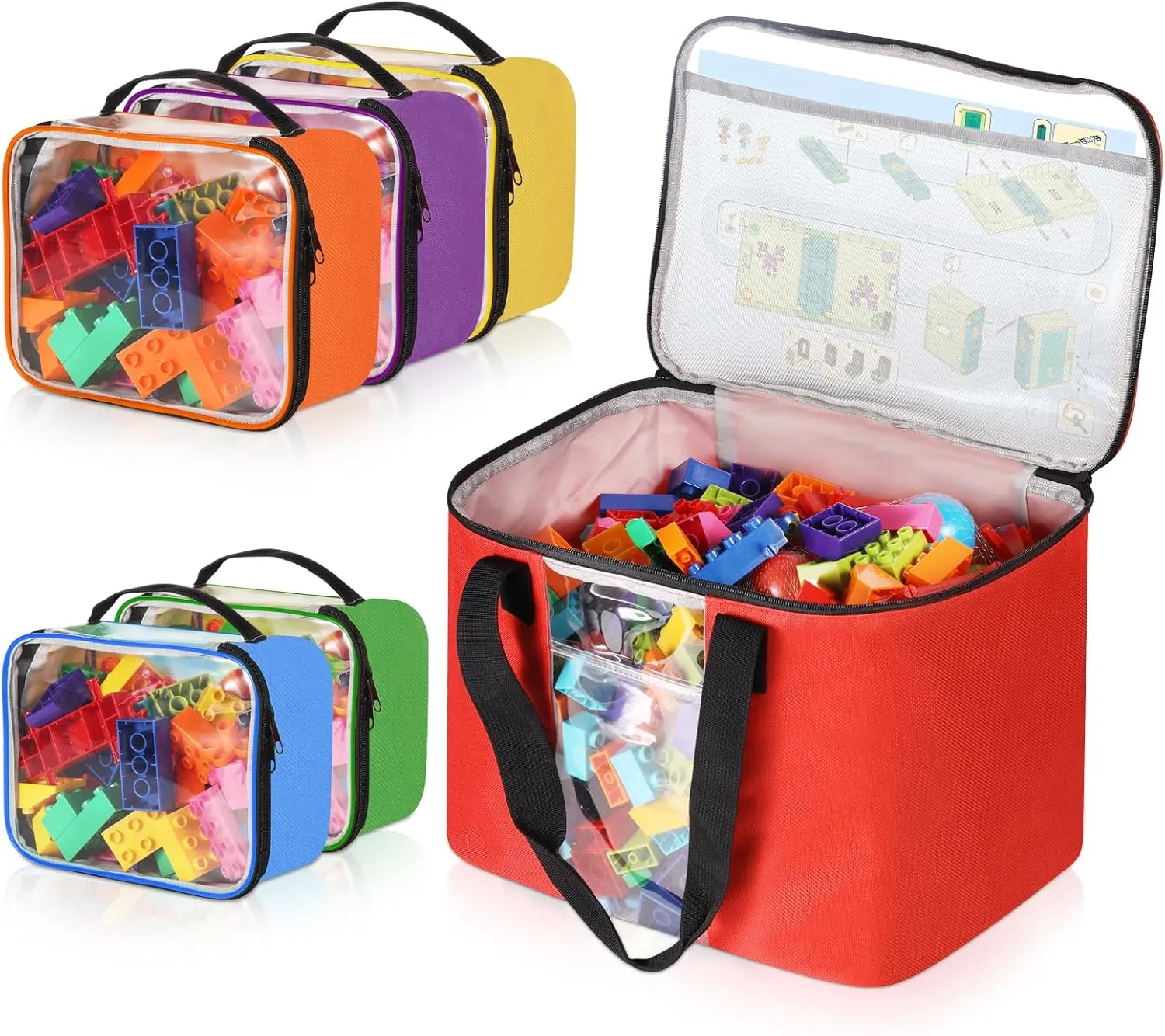 6 PCS Toys Storage Bag, Magnetic Tiles Storage Bag,3 Sizes Multifunction Toy Storage Organizer Bag, Travel Bag Case with Visible Top for Magnet Building Tiles, Board Games, Building Blocks,Toys