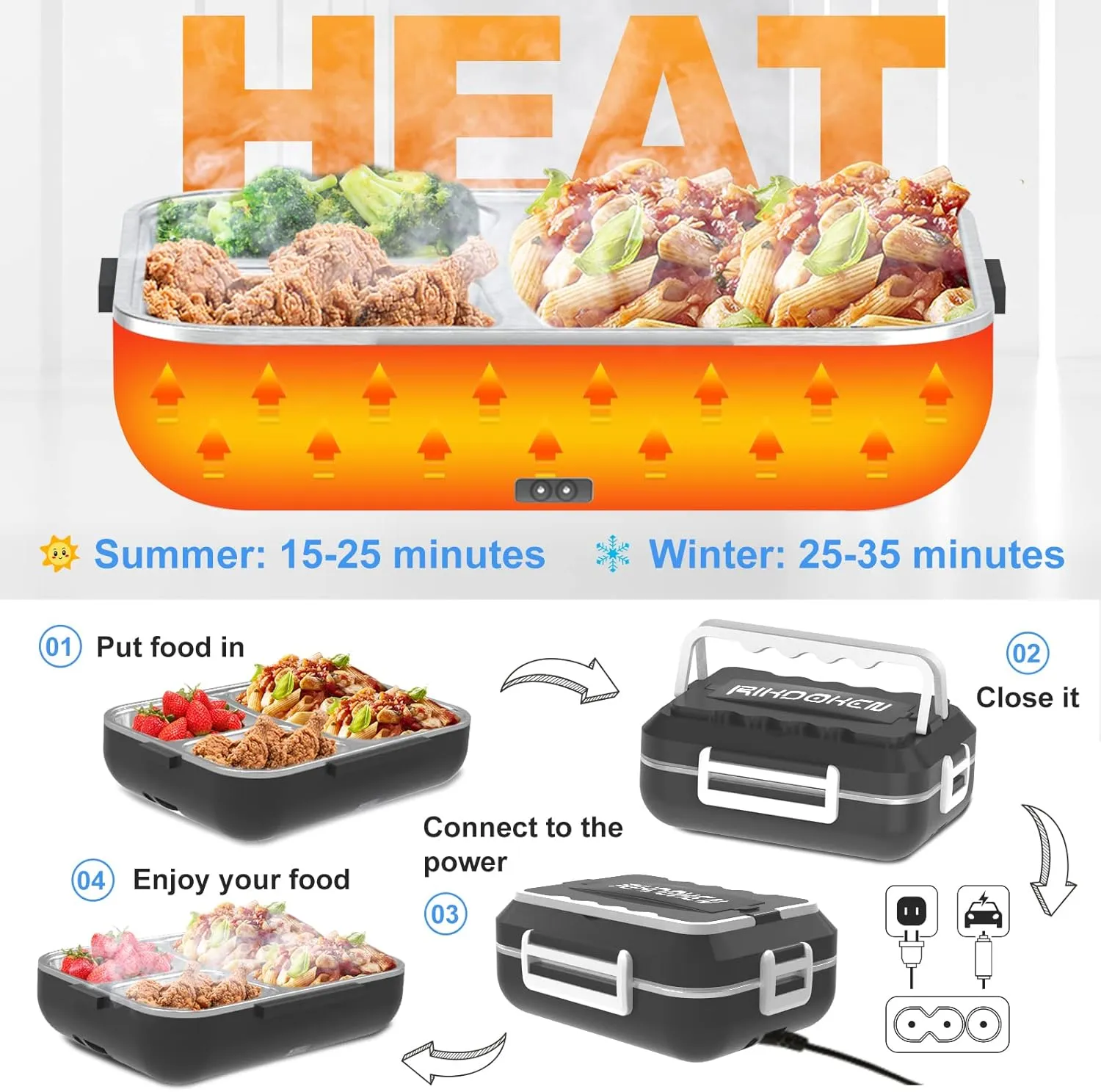 60W Faster Heat Electric Lunch Box Heater for Car Truck Work Home, 12V 24V 110V Portable Food Warmer with 1.5L Stainless Steel Container, Leak-proof Lunch Heater with Bag, Spoon, Fork