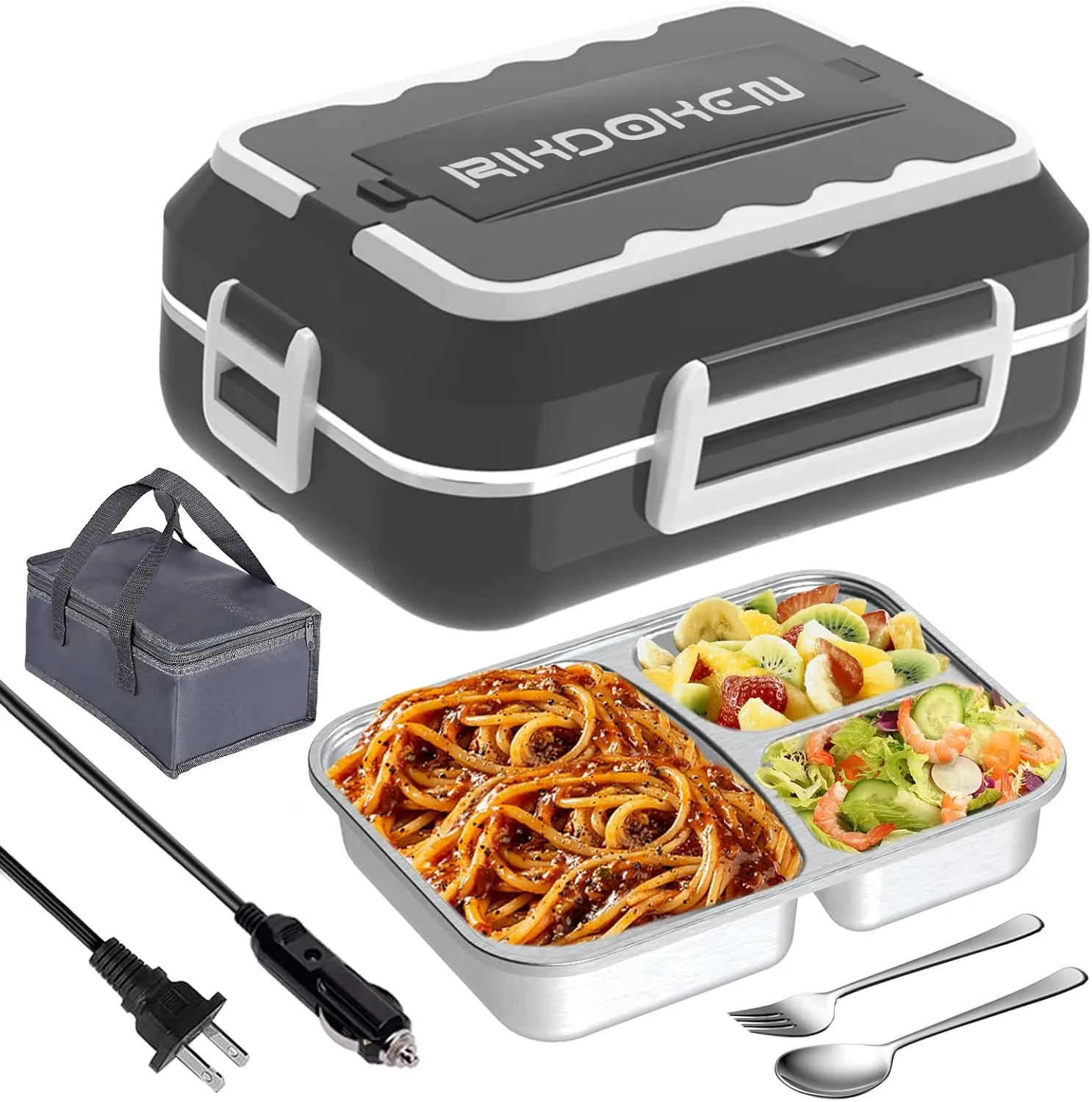 60W Faster Heat Electric Lunch Box Heater for Car Truck Work Home, 12V 24V 110V Portable Food Warmer with 1.5L Stainless Steel Container, Leak-proof Lunch Heater with Bag, Spoon, Fork