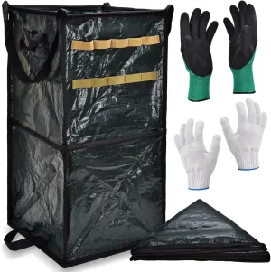 65 gal Collapsible Garden Bags Trash Can leaf bags embedded rods each edge Storage Pocket, Reusable yard waste bag for outdoor Trash Can party camping,Green Culture Campers Gardeners Choice
