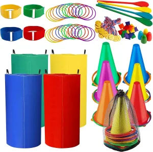 65 PCS Outdoor Games,Outdoor Lawn Game Carnival Game Bean Bags Ring Toss Set,Colorful Potato Sack Race Bags,Egg and Spoon Race Games for Kids Adults,Birthday Party,Field Day Easter Games