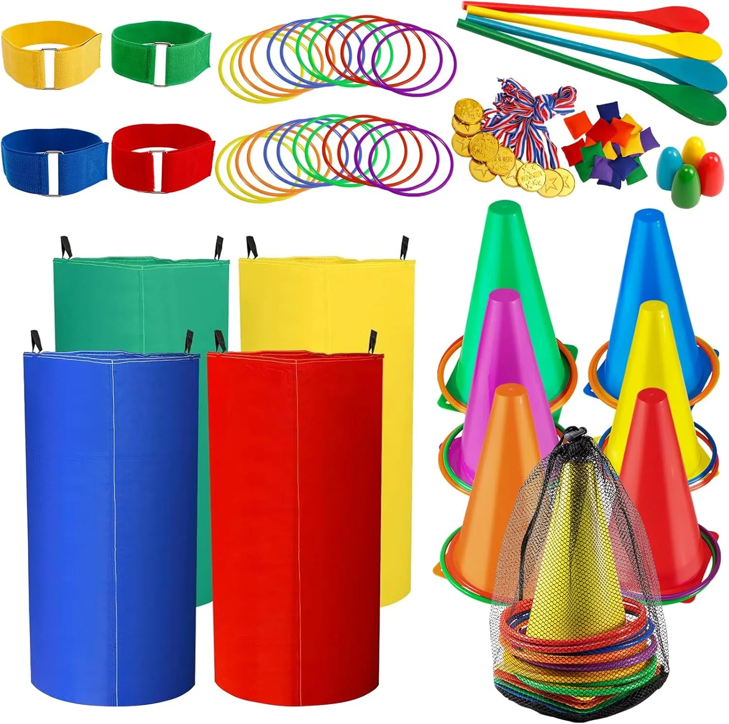 65 PCS Outdoor Games,Outdoor Lawn Game Carnival Game Bean Bags Ring Toss Set,Colorful Potato Sack Race Bags,Egg and Spoon Race Games for Kids Adults,Birthday Party,Field Day Easter Games