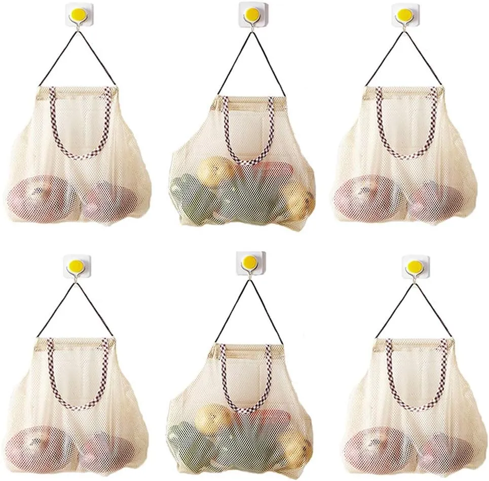 6pcs Reusable Hanging Storage Mesh Bags - Hatisan Durable & Strong Fruit and Vegetable Mesh Bags/Pulling resistance Storage Tote Bags for Garlics, Potatoes, Onions or Garbage Bag-Clear