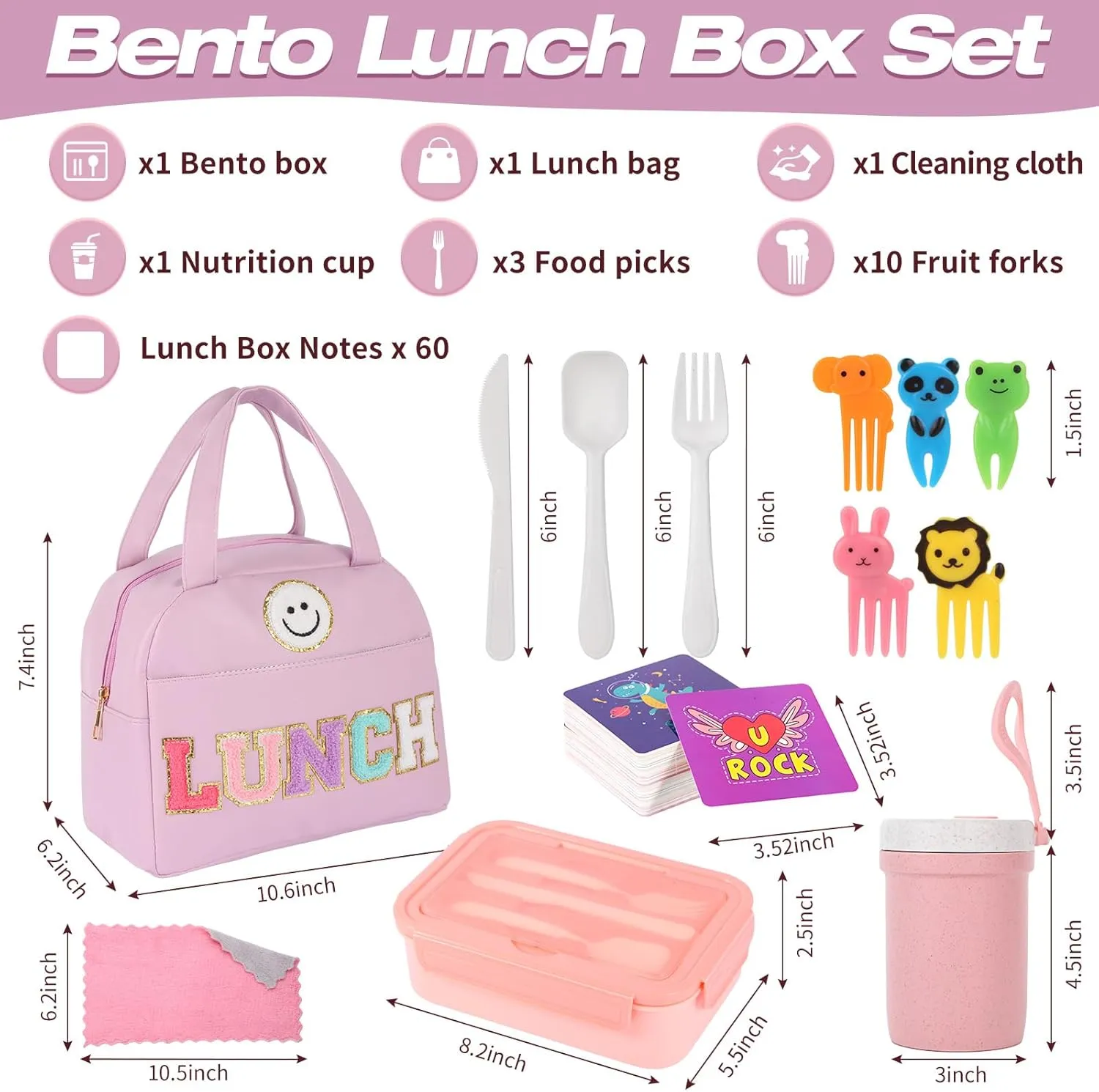 77 Pieces Bento Box Lunch Box Kit Large Pink Insulated Lunch Bag 3 Layer Stackable Leakproof Lunch Box Containers with Cup,Lunch Bag,Spoon,Fork,60 Pieces Lunch Box Notes for Girl Women (Purple)
