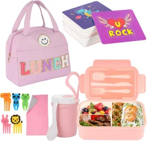 77 Pieces Bento Box Lunch Box Kit Large Pink Insulated Lunch Bag 3 Layer Stackable Leakproof Lunch Box Containers with Cup,Lunch Bag,Spoon,Fork,60 Pieces Lunch Box Notes for Girl Women (Purple)