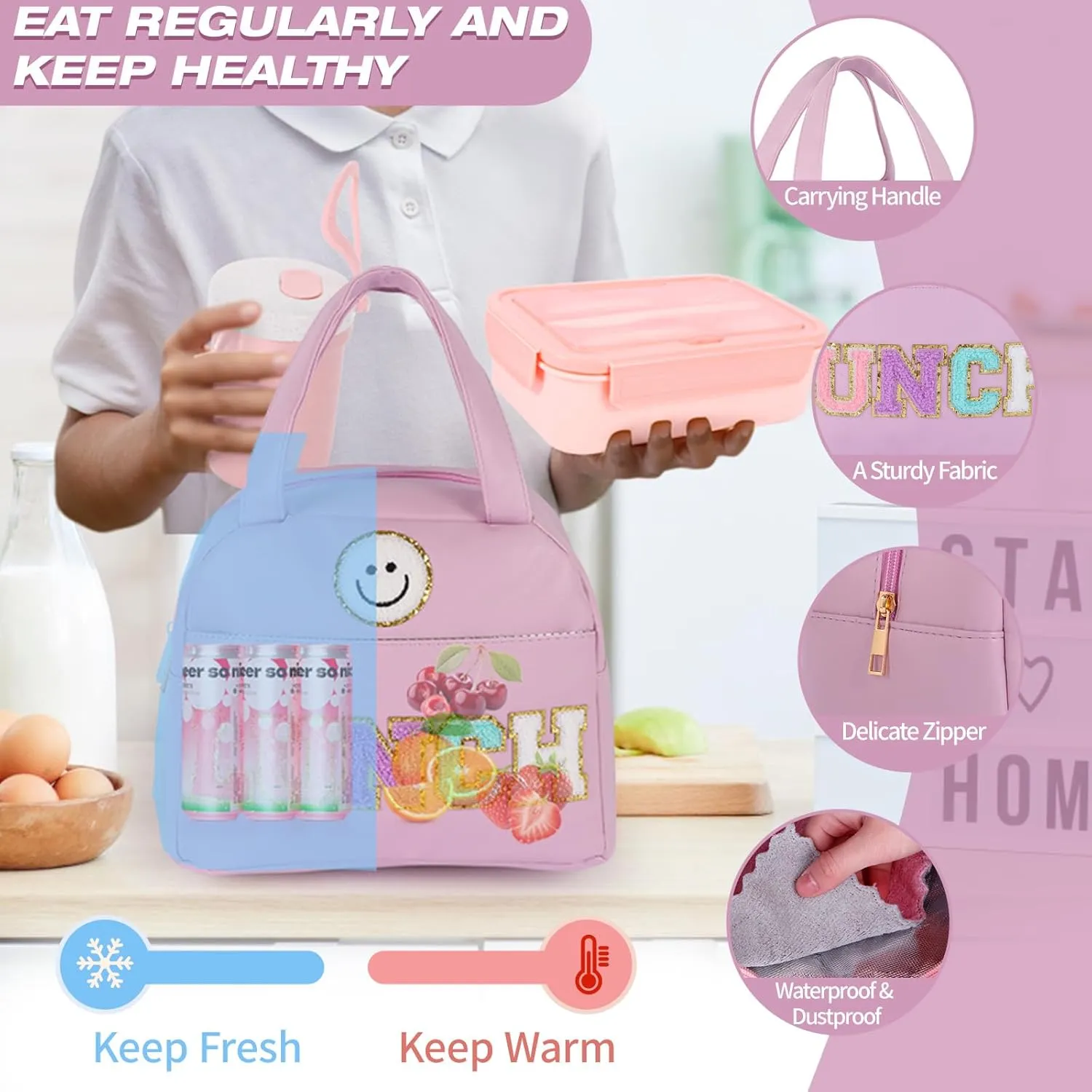 77 Pieces Bento Box Lunch Box Kit Large Pink Insulated Lunch Bag 3 Layer Stackable Leakproof Lunch Box Containers with Cup,Lunch Bag,Spoon,Fork,60 Pieces Lunch Box Notes for Girl Women (Purple)