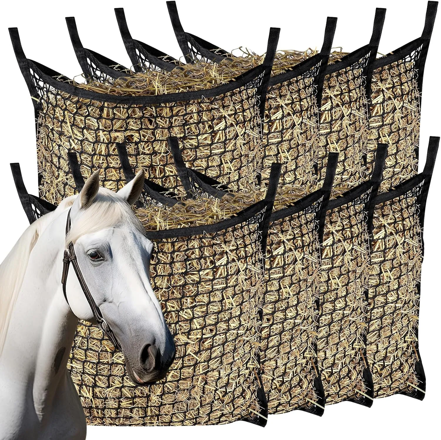 8 PCS Slow Feed Hay Net，31.5" x 35.1"Large Capacity Horse Feed Bag,Horses Hay Bags Easy to Hang for Horse Feeder Full Day Feeding Horses Goat Stall Trailer-Black