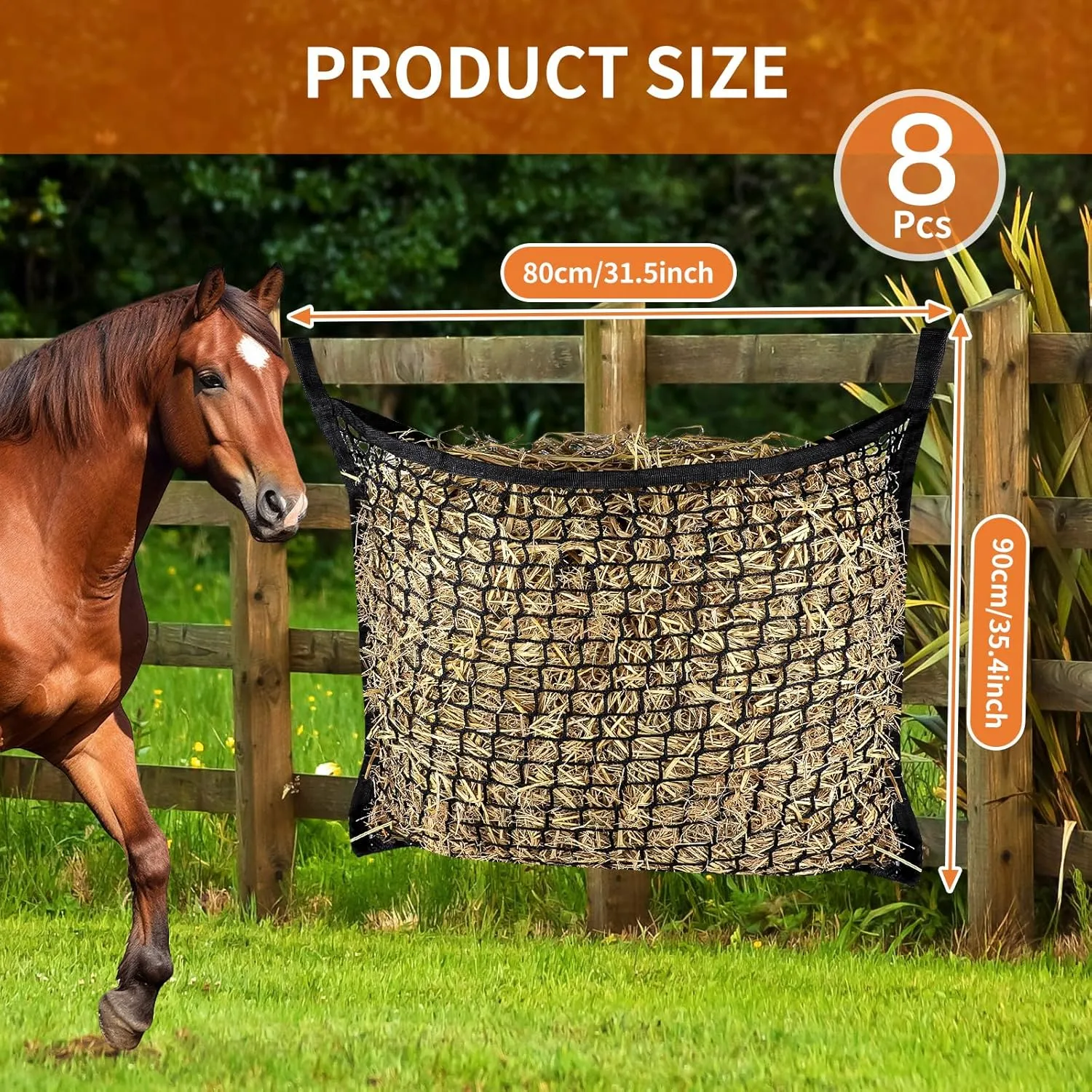 8 PCS Slow Feed Hay Net，31.5" x 35.1"Large Capacity Horse Feed Bag,Horses Hay Bags Easy to Hang for Horse Feeder Full Day Feeding Horses Goat Stall Trailer-Black