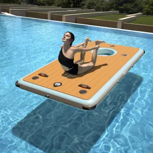 8.5×4.3 FT Inflatable Floating Dock | 3-5 Person | Cup Holders＆Ice Bucket | Action Camera Mount | 12mm EVA Non-Slip | Floating Island Raft for Lakes, Pools, Boats | Floating Dock