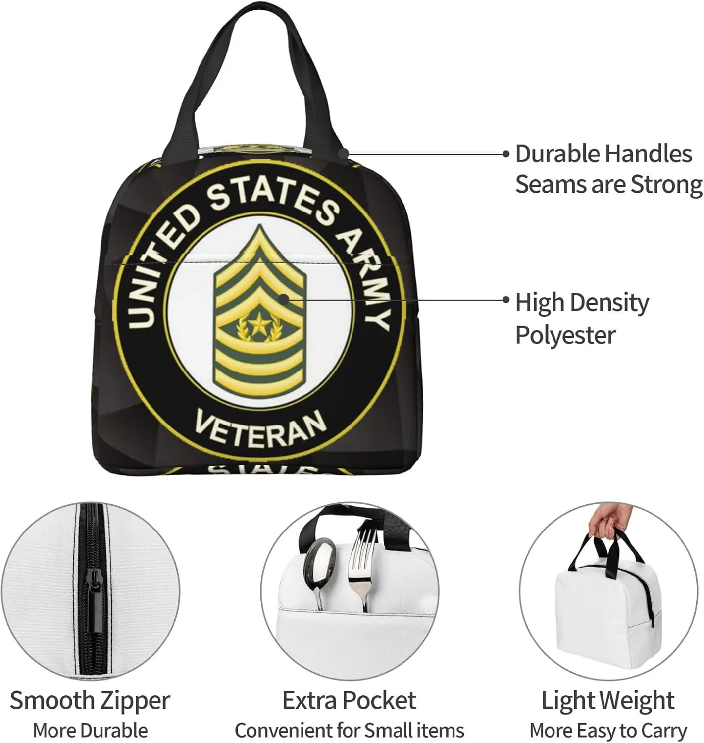 A-rmy Command Sergeant Major E-9 Veteran Lunch Bag For Women Tote Cute Reusable Washable Travel Work Picnic Cooler Bag Canvas DIY