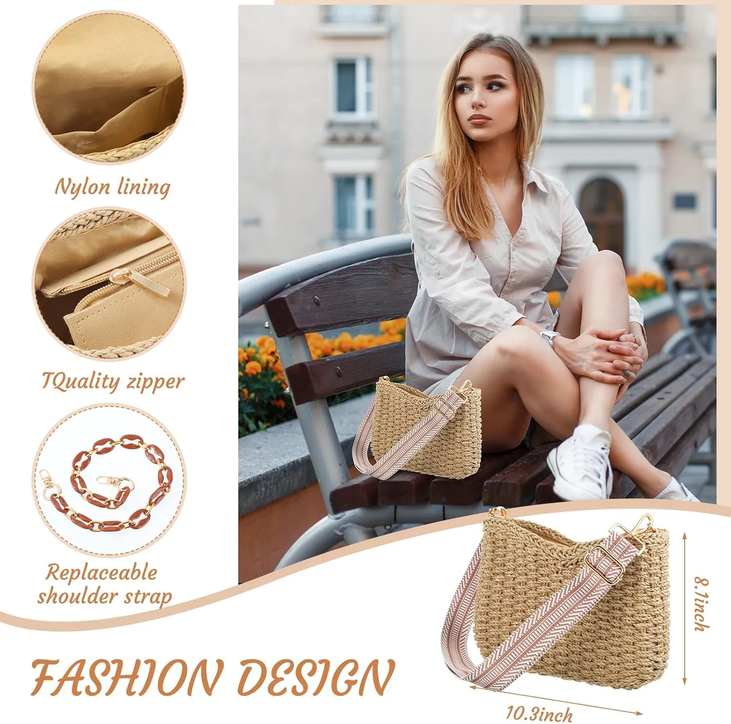 Abbylike Summer Handmade Straw Crossbody Bag for Women with 4 Rattan Earrings for Women Vacation Bohemian Supplies