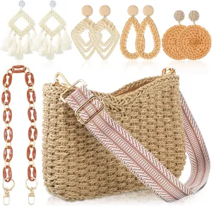 Abbylike Summer Handmade Straw Crossbody Bag for Women with 4 Rattan Earrings for Women Vacation Bohemian Supplies