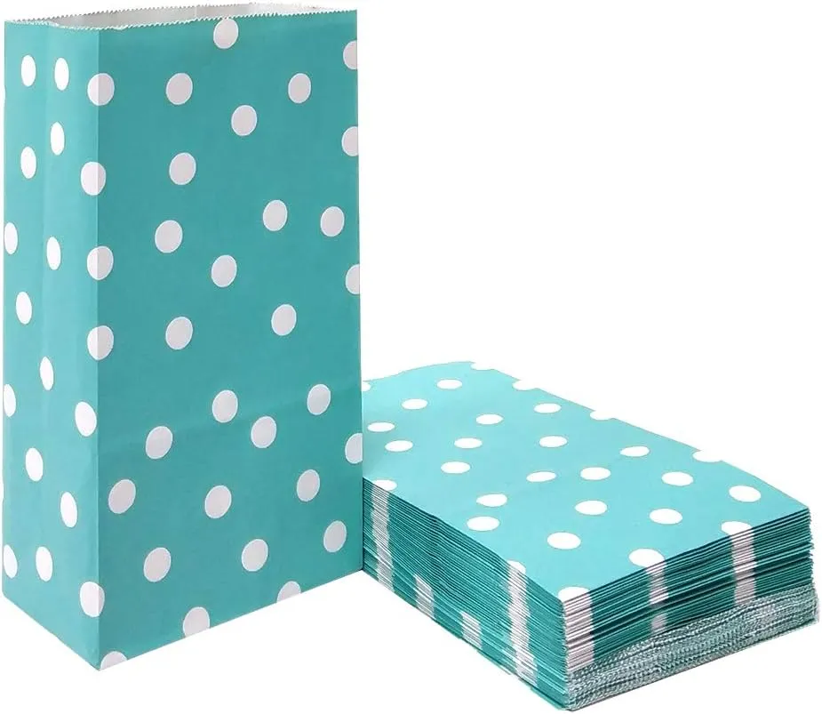 ADIDO EVA 100 Pcs Teal Blue Polka Dot Paper Lunch Bags - 5.1 x 3.1 x 9.4 in - Perfect for Snack, Nuts, Goodies, Treats - Ideal for Kids' Birthday & Wedding Parties