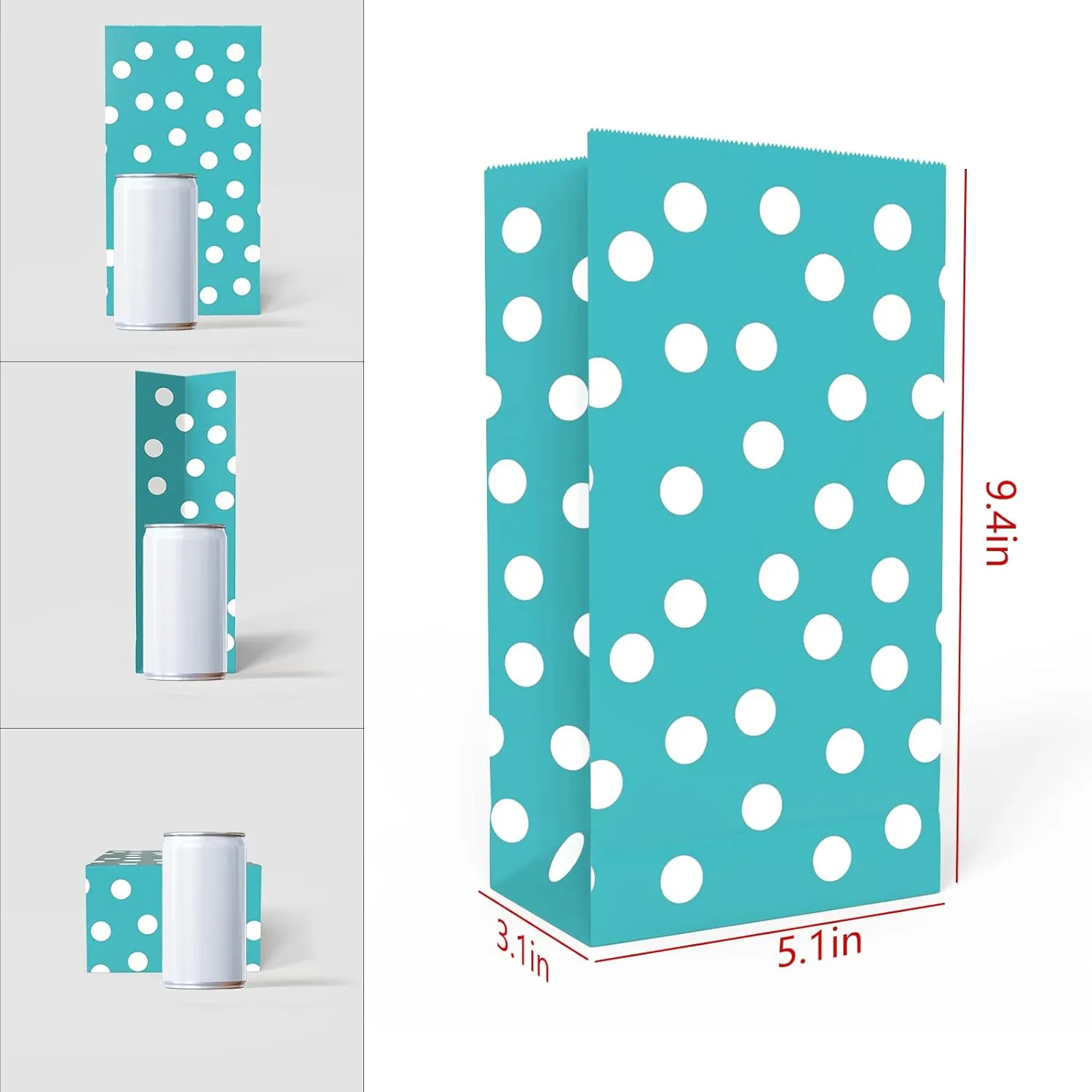 ADIDO EVA 100 Pcs Teal Blue Polka Dot Paper Lunch Bags - 5.1 x 3.1 x 9.4 in - Perfect for Snack, Nuts, Goodies, Treats - Ideal for Kids' Birthday & Wedding Parties