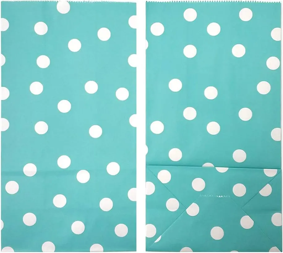 ADIDO EVA 100 Pcs Teal Blue Polka Dot Paper Lunch Bags - 5.1 x 3.1 x 9.4 in - Perfect for Snack, Nuts, Goodies, Treats - Ideal for Kids' Birthday & Wedding Parties