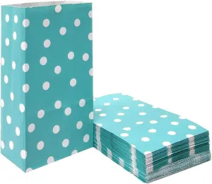 ADIDO EVA 100 Pcs Teal Blue Polka Dot Paper Lunch Bags - 5.1 x 3.1 x 9.4 in - Perfect for Snack, Nuts, Goodies, Treats - Ideal for Kids' Birthday & Wedding Parties