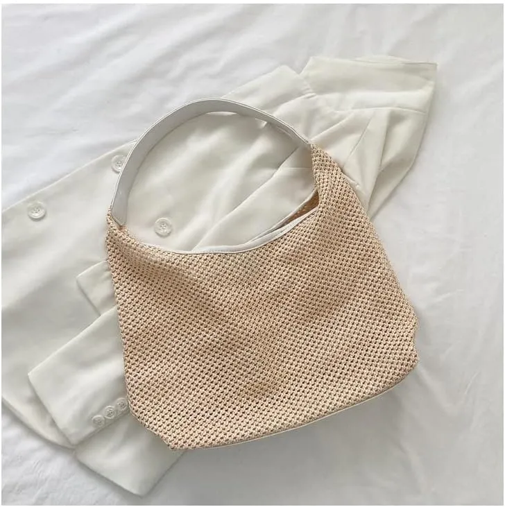 Aesthetic Boho Woven Bag Women Kawaii Wicker Purse Coquette Tote Bag Fairycore Rattan Bag Cute Straw Crossbody Bag (Beige,One size)