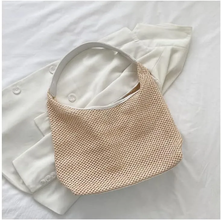 Aesthetic Boho Woven Bag Women Kawaii Wicker Purse Coquette Tote Bag Fairycore Rattan Bag Cute Straw Crossbody Bag (Beige,One size)