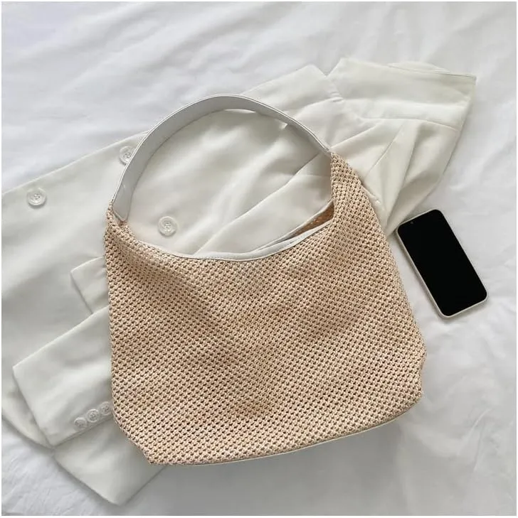Aesthetic Boho Woven Bag Women Kawaii Wicker Purse Coquette Tote Bag Fairycore Rattan Bag Cute Straw Crossbody Bag (Beige,One size)