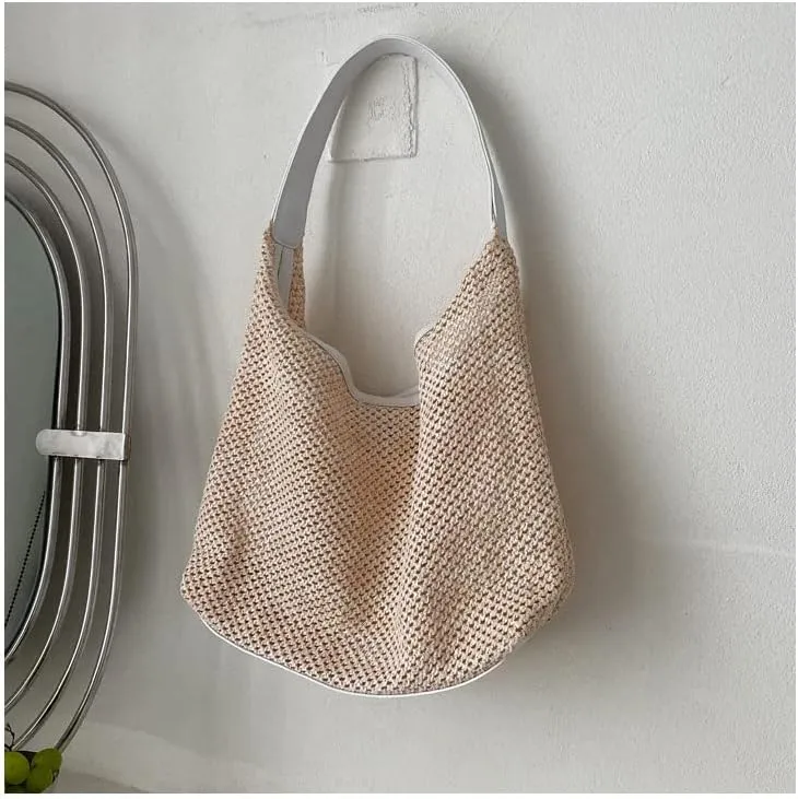 Aesthetic Boho Woven Bag Women Kawaii Wicker Purse Coquette Tote Bag Fairycore Rattan Bag Cute Straw Crossbody Bag (Beige,One size)
