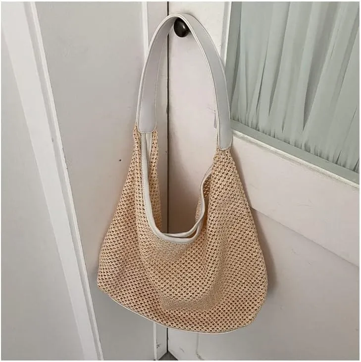 Aesthetic Boho Woven Bag Women Kawaii Wicker Purse Coquette Tote Bag Fairycore Rattan Bag Cute Straw Crossbody Bag (Beige,One size)