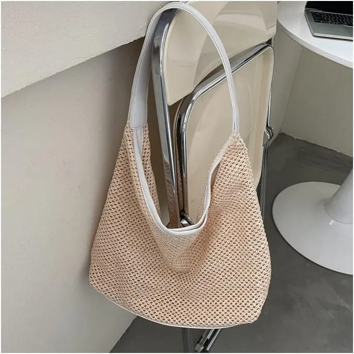 Aesthetic Boho Woven Bag Women Kawaii Wicker Purse Coquette Tote Bag Fairycore Rattan Bag Cute Straw Crossbody Bag (Beige,One size)