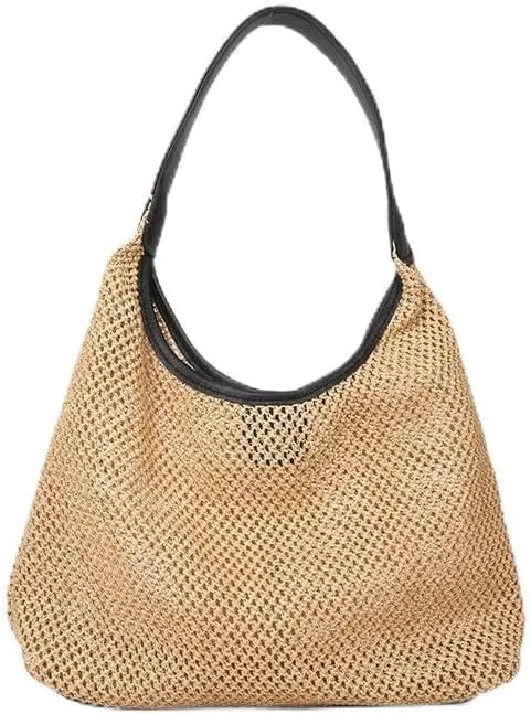 Aesthetic Boho Woven Bag Women Kawaii Wicker Purse Coquette Tote Bag Fairycore Rattan Bag Cute Straw Crossbody Bag (Black,One size)
