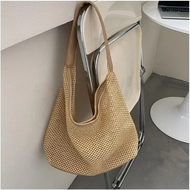 Aesthetic Boho Woven Bag Women Kawaii Wicker Purse Coquette Tote Bag Fairycore Rattan Bag Cute Straw Crossbody Bag (Khaki,One size)