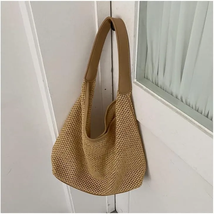 Aesthetic Boho Woven Bag Women Kawaii Wicker Purse Coquette Tote Bag Fairycore Rattan Bag Cute Straw Crossbody Bag (Khaki,One size)