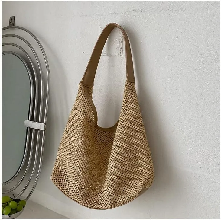 Aesthetic Boho Woven Bag Women Kawaii Wicker Purse Coquette Tote Bag Fairycore Rattan Bag Cute Straw Crossbody Bag (Khaki,One size)