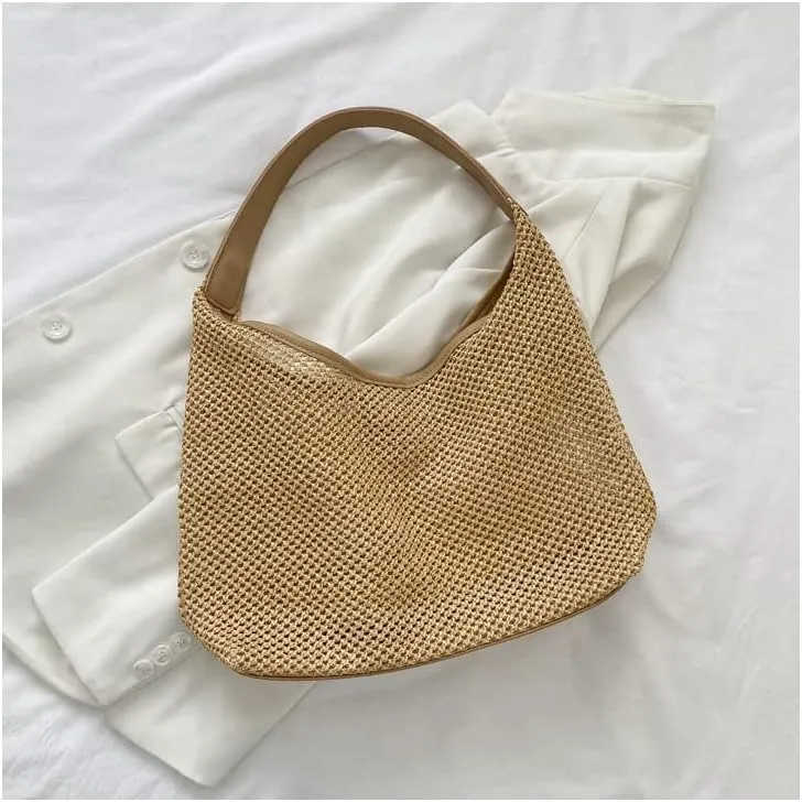 Aesthetic Boho Woven Bag Women Kawaii Wicker Purse Coquette Tote Bag Fairycore Rattan Bag Cute Straw Crossbody Bag (Khaki,One size)