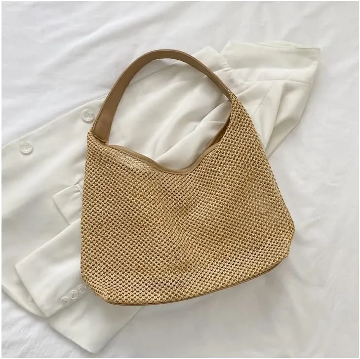 Aesthetic Boho Woven Bag Women Kawaii Wicker Purse Coquette Tote Bag Fairycore Rattan Bag Cute Straw Crossbody Bag (Khaki,One size)