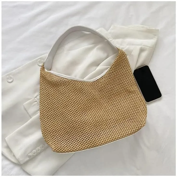 Aesthetic Boho Woven Bag Women Kawaii Wicker Purse Coquette Tote Bag Fairycore Rattan Bag Cute Straw Crossbody Bag (White,One size)