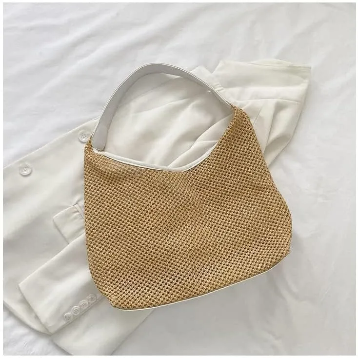 Aesthetic Boho Woven Bag Women Kawaii Wicker Purse Coquette Tote Bag Fairycore Rattan Bag Cute Straw Crossbody Bag (White,One size)