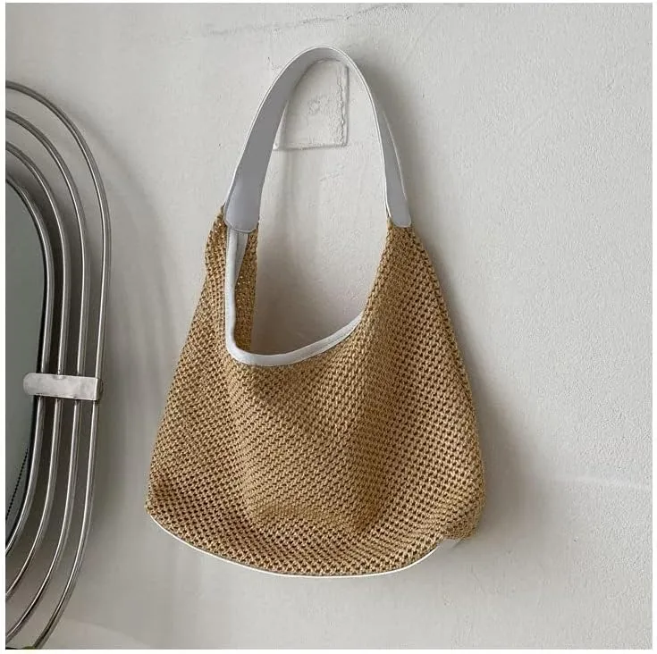 Aesthetic Boho Woven Bag Women Kawaii Wicker Purse Coquette Tote Bag Fairycore Rattan Bag Cute Straw Crossbody Bag (White,One size)