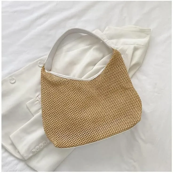 Aesthetic Boho Woven Bag Women Kawaii Wicker Purse Coquette Tote Bag Fairycore Rattan Bag Cute Straw Crossbody Bag (White,One size)