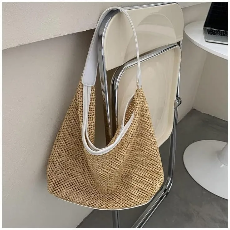 Aesthetic Boho Woven Bag Women Kawaii Wicker Purse Coquette Tote Bag Fairycore Rattan Bag Cute Straw Crossbody Bag (White,One size)